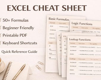 Hoja de referencia de Excel imprimible / Guía de fórmulas de Excel / Hoja de referencia de Excel para principiantes / Atajos y funciones de Excel / Descarga digital