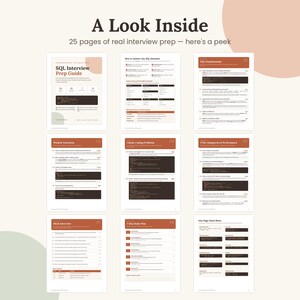 May include: A digital document titled A Look Inside featuring 25 pages of SQL interview prep. The layout displays nine individual pages with headings like SQL Fundamentals, Window Functions, and 7-Day Study Plan, using a colour palette of terracotta, cream, and dark brown with code snippets and text.
