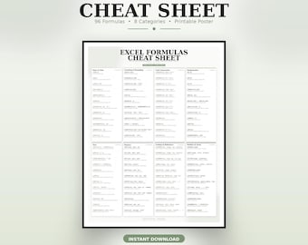 Póster con fórmulas de Excel (tapa rápida) / Lámina decorativa imprimible de 45 x 60 cm / Guía de referencia para Excel y Google Sheets / Descarga instantánea