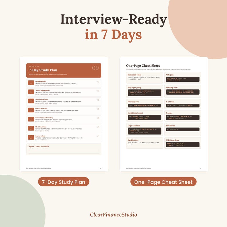 May include: Two white pages titled Interview-Ready in 7 Days. The left page shows a 7-Day Study Plan with numbered sections and checkboxes. The right page displays a One-Page Cheat Sheet with SQL code snippets in dark boxes. ClearFinanceStudio is at the bottom.