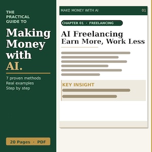 Puede incluir: Una guía digital titulada "Ganar dinero con IA" con una cubierta verde oscuro. La guía incluye el texto "7 métodos probados, ejemplos reales, paso a paso". El lado derecho muestra un capítulo sobre Freelancing de IA.