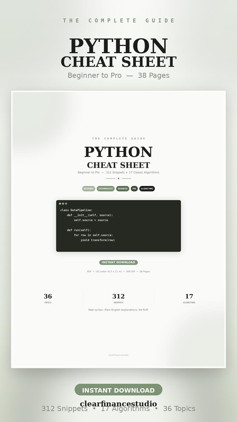 Guía rápida de Python: La guía completa / PDF imprimible de 38 páginas / Referencia de programación para principiantes y profesionales + Algoritmos / Descarga instantánea imagen 4