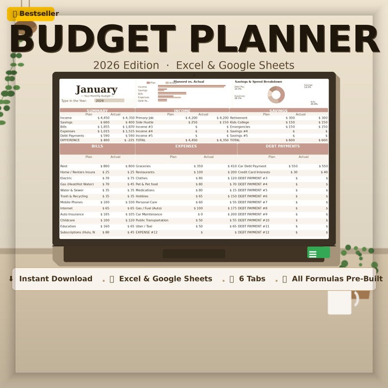 Budget Planner Spreadsheet 2026 | Excel Sheets Monthly Savings Goals