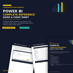 Peut inclure: Un guide de référence complet et aide-mémoire Power BI de 23 pages au format PDF. Le document présente un fond bleu foncé avec des accents jaunes et bleu sarcelle, couvrant DAX, la modélisation de données, Power Query et la visualisation.