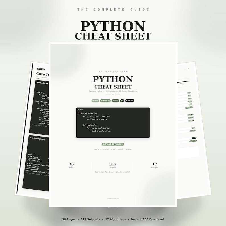Guía rápida de Python: La guía completa / PDF imprimible de 38 páginas / Referencia de programación para principiantes y profesionales + Algoritmos / Descarga instantánea imagen 1