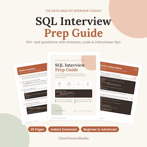 May include: A digital SQL Interview Prep Guide document featuring a title page and two internal pages with technical content. The pages display text, code snippets, and structured data analysis questions in a clean, professional layout with brown accents.