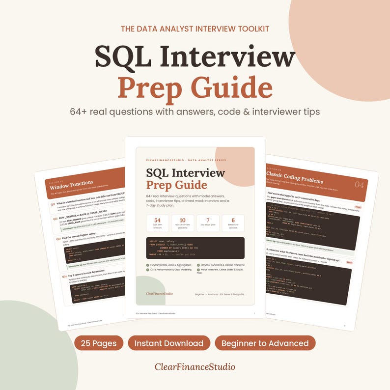 May include: A digital SQL Interview Prep Guide document featuring a title page and two internal pages with technical content. The pages display text, code snippets, and structured data analysis questions in a clean, professional layout with brown accents.