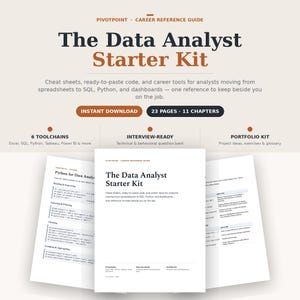 Puede incluir: El Data Analyst Starter Kit es una guía de referencia profesional de 23 páginas con 11 capítulos de hojas de trucos, fragmentos de código y herramientas para SQL, Python y paneles. Incluye secciones sobre herramientas, entrevistas y un kit de portafolio.