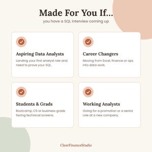 May include: A graphic with the title Made For You If... you have a SQL interview coming up. It features four white boxes with checkmarks, listing target audiences: Aspiring Data Analysts, Career Changers, Students & Grads, and Working Analysts.