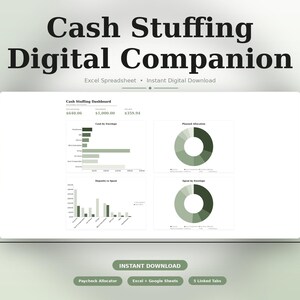 May include: A digital cash stuffing companion spreadsheet featuring a dashboard with financial data, bar charts, and pie charts in shades of green. The text reads Cash Stuffing Digital Companion, Excel Spreadsheet, Instant Digital Download, and Instant Download.