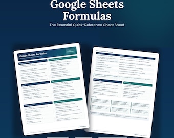 Hoja de referencia rápida de fórmulas de Google Sheets, PDF imprimible de referencia rápida, consulta VLOOKUP, guía ARRAYFORMULA, descarga instantánea para analistas de datos.
