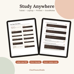 May include: Two digital tablets displaying a SQL cheat sheet with dark brown code blocks on a white background. The text includes Study Anywhere, One-Page Cheat Sheet, and various SQL queries. Three brown buttons at the bottom read Letter size PDF, Print-friendly, and Zoom-ready code.