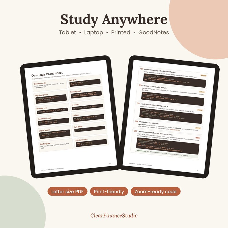 May include: Two digital tablets displaying a SQL cheat sheet with dark brown code blocks on a white background. The text includes Study Anywhere, One-Page Cheat Sheet, and various SQL queries. Three brown buttons at the bottom read Letter size PDF, Print-friendly, and Zoom-ready code.