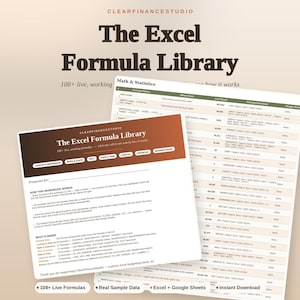 Op de afbeelding: Een digitaal document getiteld The Excel Formula Library van ClearFinanceStudio. Het bevat een lijst van meer dan 108 werkende formules, gecategoriseerd op wiskunde, statistiek en andere functies, weergegeven in een tabel.