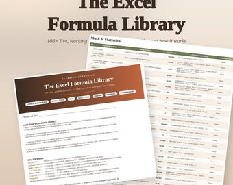 Biblioteca de fórmulas de Excel / Libro de trabajo con más de 108 fórmulas interactivas (descarga digital)