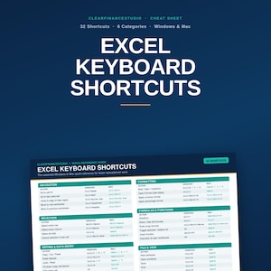 Op de afbeelding: Een digitaal spiekbriefje voor Excel-sneltoetsen op een donkerblauwe achtergrond. Het document bevat 32 sneltoetsen verdeeld over 6 categorieën voor Windows en Mac, met duidelijke koppen, actielijsten en specifieke toetscombinaties.