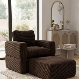 Brown Corduroy Lounge Chair with Square Ottoman | Modular Floor Seating | Cozy Reading Armchair | Modern Living Room Furniture