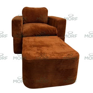 May include: A brown corduroy armchair and matching footstool. The chair has a square design with a cushioned seat, back, and armrests. The footstool is rectangular and has a similar corduroy texture. The furniture is designed for comfort and relaxation.