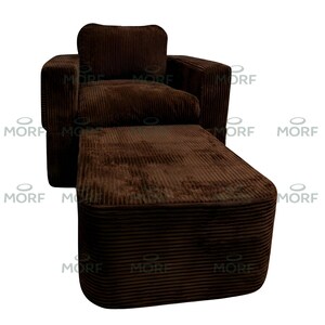 May include: A brown corduroy armchair and matching footstool. The chair has a square back and armrests. The footstool is rectangular and positioned in front of the chair. The set is a solid brown colour.