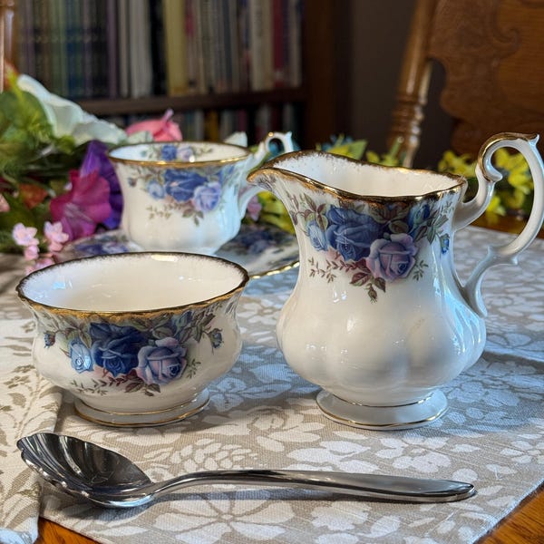 Royal Albert Moonlight Rose Creamer Sugar Bowl Set | Vintage English Bone China 1987