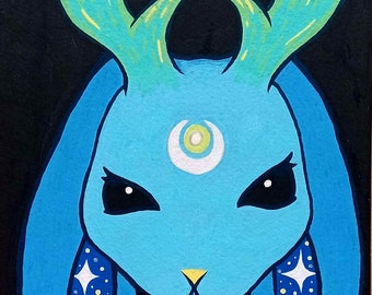 Blue Moon & Stars Jackalope Original Acrylic Illustration on Paper UNFRAMED Unique Celestial Bunny Nature Zodiac Cryptid Gift Wall Art Decor