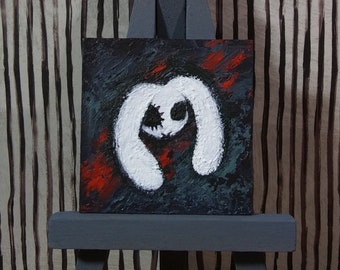 Abstract White Rabbit Mask Mini Original Acrylic Painting on Wood UNFRAMED Unique Animal Portrait Illustration Sleep Party People Art Gift