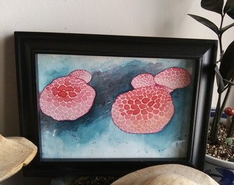 Aquarelle abstraite originale de champignons Rhodotus roses sur papier sans cadre Illustration de la nature unique cadeau mycologie déco murale