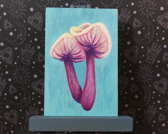 Mini peinture originale gouache/opaque aux champignons Laccaria rose sur bois sans cadre Illustration de la nature unique cadeau mycologie art mural