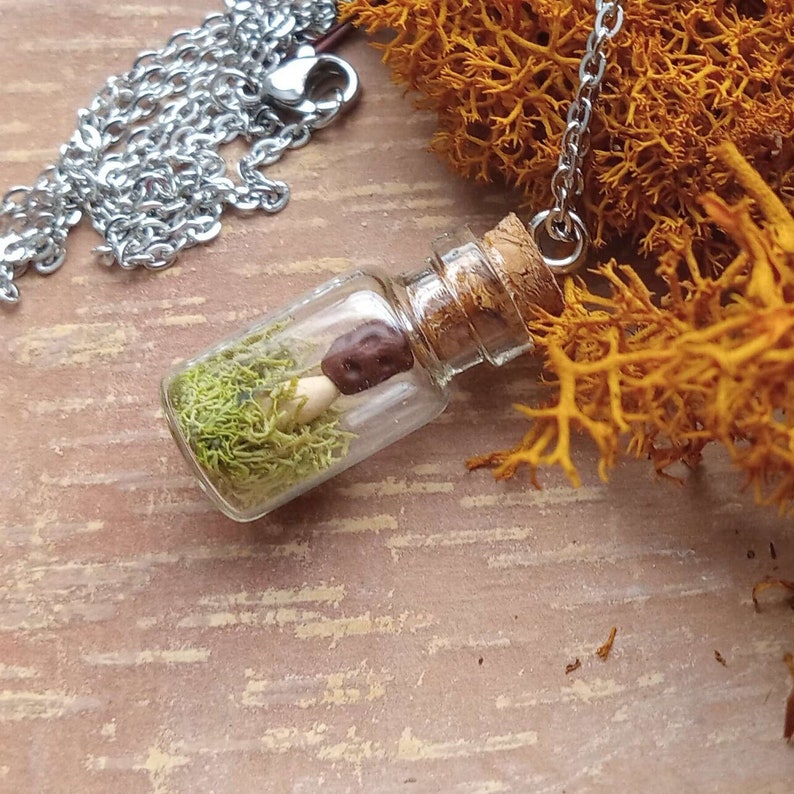 Morel Mushroom in Spring Green Moss Tiny Terrarium Bottle Necklace Whimsical Morchella Woodland Fantasy Cottagecore Fairy Tale Gift 画像 1