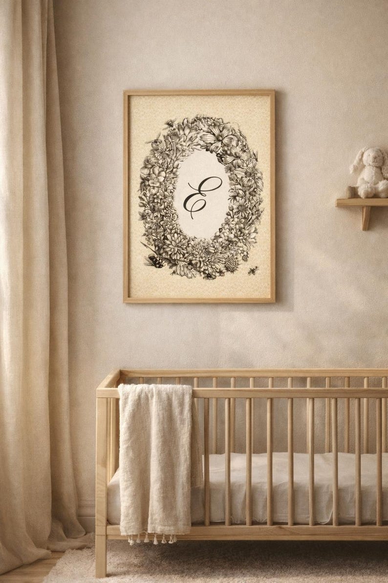 Personalized Floral Monogram Print | Vintage Botanical Letter E Nursery ...