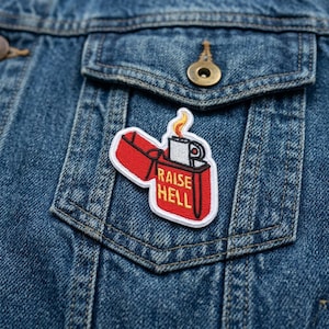 Raise Hell Lighter Embroidered Patch, Funny Sarcastic Iron On Patch, Red Zippo Style Badge for Jackets, Cool Biker Gift