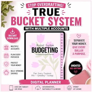 May include: A digital planner displayed on a tablet, featuring the text "Bucket System Budgeting." The image includes the text "Stop Overdrafting! True Bucket System With Multiple Accounts." Additional text includes "Instant Download" and "Digital Planner."