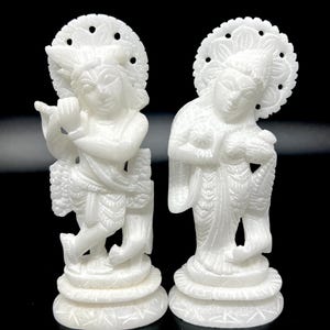 Handmade White Marble Radha Krishna Statue Set | Hindu Temple Decor