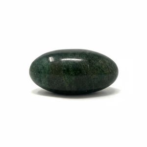 May include: A polished, oval-shaped stone with a dark green color and a smooth, reflective surface. The stone has a natural, organic appearance and is set against a white background. The stone is approximately 2 inches long.
