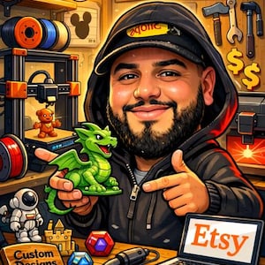 May include: A cartoon illustration of a bearded individual in a black hoodie and cap, holding a green dragon figurine in a workshop. The scene includes a 3D printer, tools, a laptop displaying the Etsy logo, and a sign reading Chris.sDesign's.