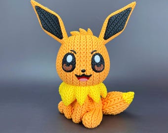 Évoli - Figurine imprimée en 3D inspirée | Texture tricotée | Modèle d'affichage en plusieurs parties | Cadeau déco Pokémon
