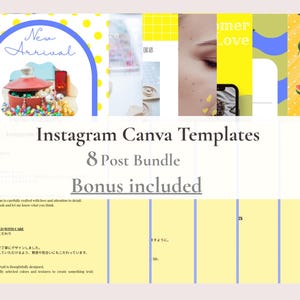 以下が含まれることがあります： Instagram Canva テンプレートの広告。画像には、赤い鍋、「New Arrival」というテキスト、「Instagram Canva Templates 8 Post Bundle Bonus included」というテキストなど、デザイン要素のコラージュが使用されています。