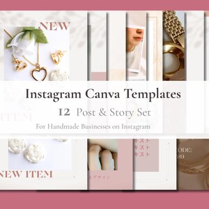 以下が含まれることがあります： Instagram Canvaテンプレートのプロモーション画像。ジュエリー、フローラルアクセント、顔などの画像のコラージュが特徴です。「Instagram Canva Templates」と「12 Post & Story Set」というテキストが含まれています。