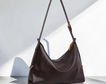 Women’s Genuine Leather Hobo Tote Bag, Large Capacity Shoulder Purse, Full Grain Cowhide Crossbody Handbag, Brown Commuter Tote