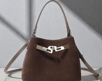 Retro Suede Leather Crossbody Bag For Women, Small Square Handbag Purse, Luxury Handheld Bucket Bag, Casual Everyday Womens Leather Tote Bag