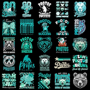 May include: A collection of twenty-five graphic designs on a black background featuring bears, bows, and text including Protos and House of Success. The designs utilise a teal and white colour palette with various illustrations of bears, stars, and patterns.