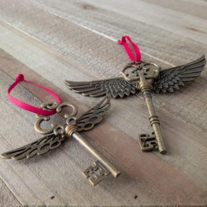 May include: Two antique brass-colored metal keys featuring ornate bows and attached feathered wings. Each key is secured with a thin, bright pink ribbon loop tied to the top of the bow, allowing for hanging. The keys have a long shaft and bit.