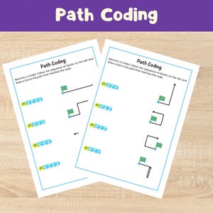 May include: Two white worksheets with the title "Path Coding" and instructions to draw lines based on a code. The worksheets feature diagrams with flags and lines, designed for coding practice. The background is a light wood grain.
