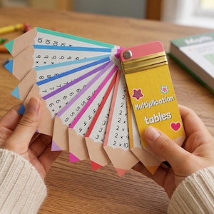 May include: A fan-shaped multiplication tables learning tool designed to look like a yellow pencil. The cards are held together by a metal fastener and feature colourful tips, with the text Multiplication tables printed on the front cover.