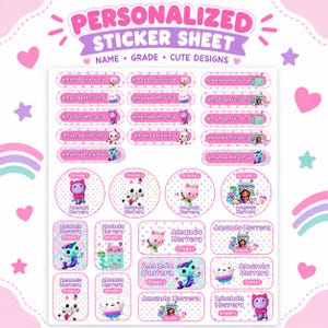 Puede incluir: Una hoja de pegatinas personalizadas con etiquetas rectangulares y circulares con el nombre Amanda Herrera y Grade 1. Las pegatinas muestran coloridos personajes de dibujos animados, incluyendo gatos y sirenas, sobre fondos de lunares.