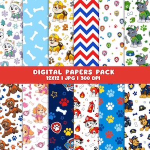 Peut inclure: Un pack de papiers numériques avec des personnages de Paw Patrol, des empreintes de pattes, des os et des badges colorés. L'image contient le texte DIGITAL PAPERS PACK 12X12 | JPG | 300 DPI. Les motifs incluent des chevrons et des chiens.