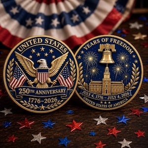 May include: Two commemorative coins with a blue and gold design. One coin features an eagle with flags and the text "250th Anniversary 1776-2026". The other coin shows the Liberty Bell and Independence Hall with the text "Years of Freedom".