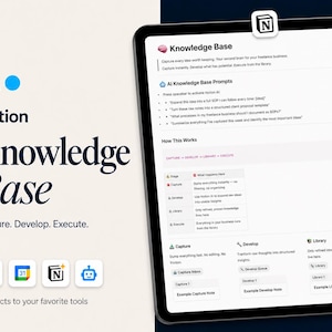 May include: A digital tablet displays the Notion Knowledge Base interface. The screen shows text and graphics, including the words "Knowledge Base" and "Capture. Develop. Execute." Icons for various tools are also visible.