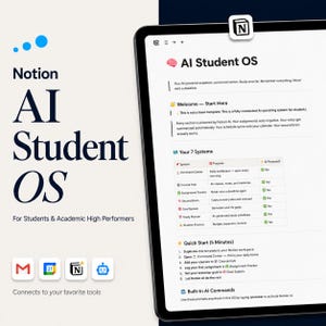 May include: A digital Notion AI Student OS template displayed on a tablet screen. The interface features sections for a command center, course hub, assignment tracker, second brain, goal system, study planner, and student finance with AI integration.
