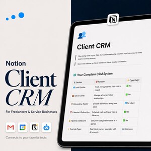 May include: A digital tablet displaying a Notion Client CRM template for freelancers and service businesses. The screen shows a table with sections for lead pipeline, active clients, onboarding, calendar, and dashboard, alongside icons for Gmail, Calendar, Notion, and AI.